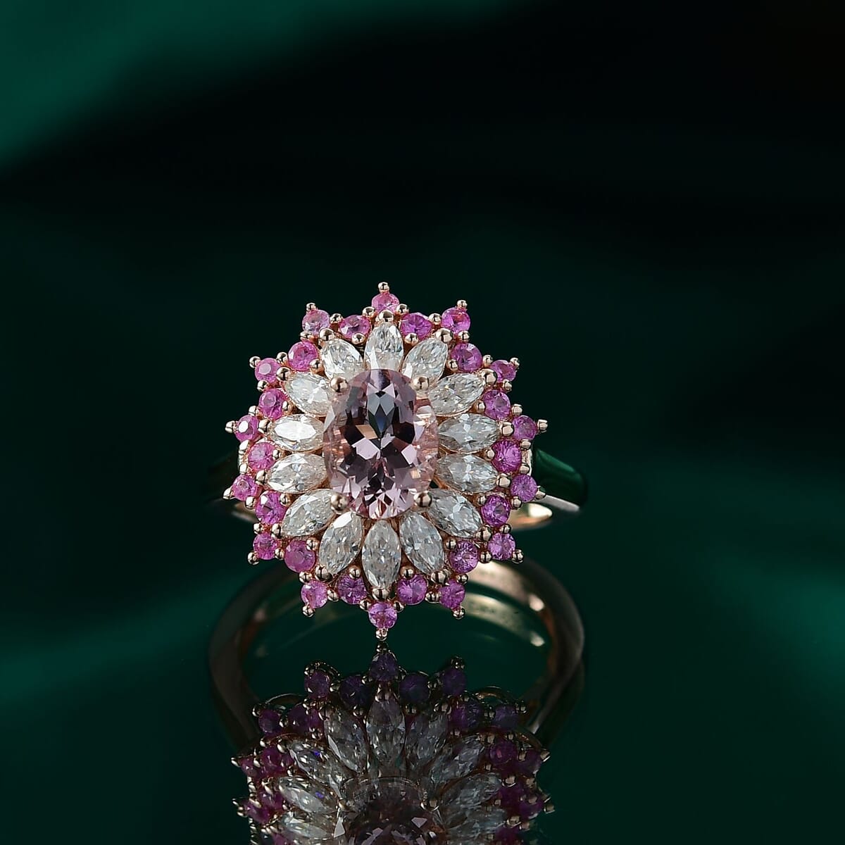 D'Joy Premium Pink Morganite and Multi Gemstone 2.70 ctw Rose Sunburst Ring in 18K Vermeil Rose Gold Over Sterling Silver (Size 6.0) image number 1