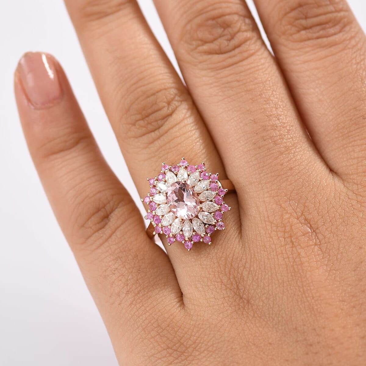 D'Joy Premium Pink Morganite and Multi Gemstone 2.70 ctw Rose Sunburst Ring in 18K Vermeil Rose Gold Over Sterling Silver (Size 6.0) image number 2