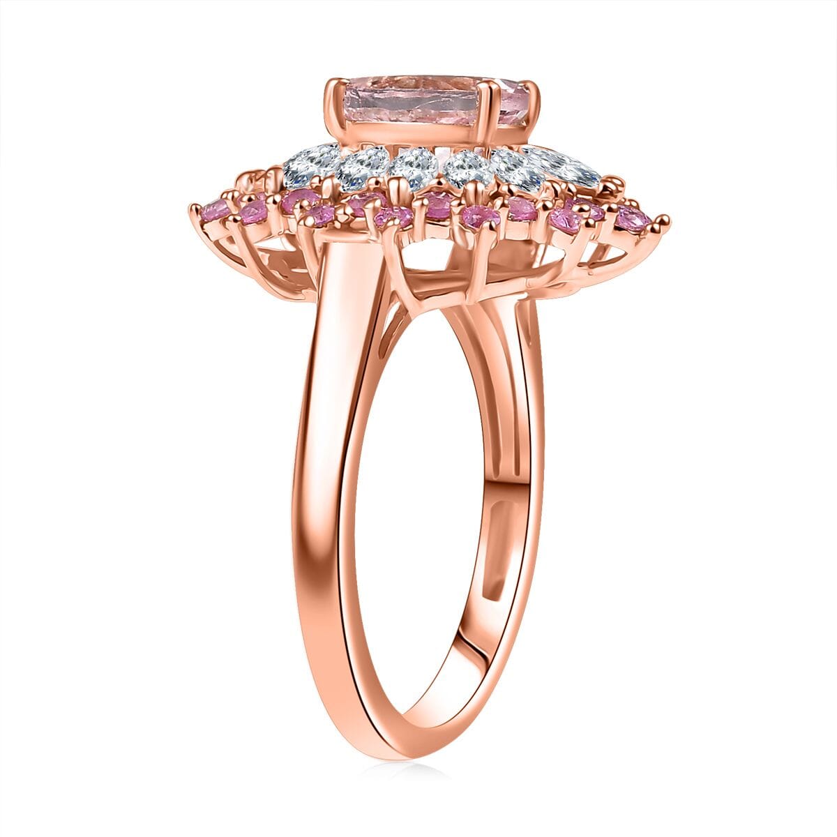 D'Joy Premium Pink Morganite and Multi Gemstone 2.70 ctw Rose Sunburst Ring in 18K Vermeil Rose Gold Over Sterling Silver (Size 6.0) image number 3