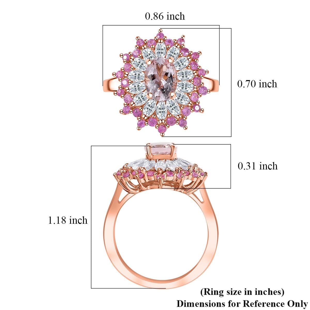 D'Joy Premium Pink Morganite and Multi Gemstone 2.70 ctw Rose Sunburst Ring in 18K Vermeil Rose Gold Over Sterling Silver (Size 6.0) image number 5