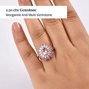 D'Joy Premium Pink Morganite and Multi Gemstone 2.70 ctw Rose Sunburst Ring in 18K Vermeil Rose Gold Over Sterling Silver (Size 9.0)