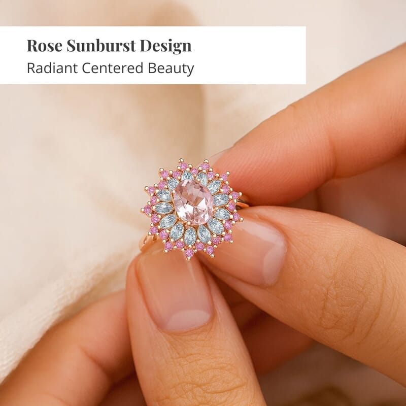 D'Joy Premium Pink Morganite and Multi Gemstone 2.70 ctw Rose Sunburst Ring in 18K Vermeil Rose Gold Over Sterling Silver (Size 9.0)