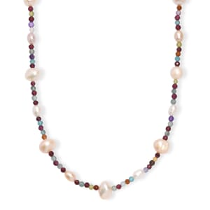 White Freshwater Pearl and Multi Gemstones 35.00 ctw Necklace in Rhodium Over Sterling Silver 24 Inches