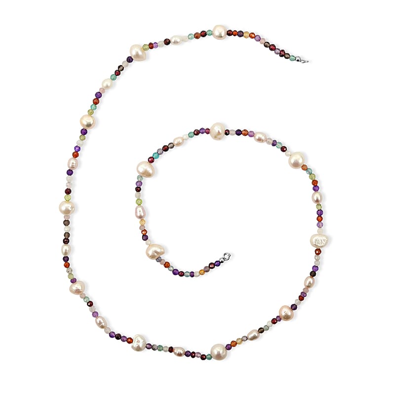 White Freshwater Pearl and Multi Gemstones 35.00 ctw Necklace in Rhodium Over Sterling Silver 24 Inches