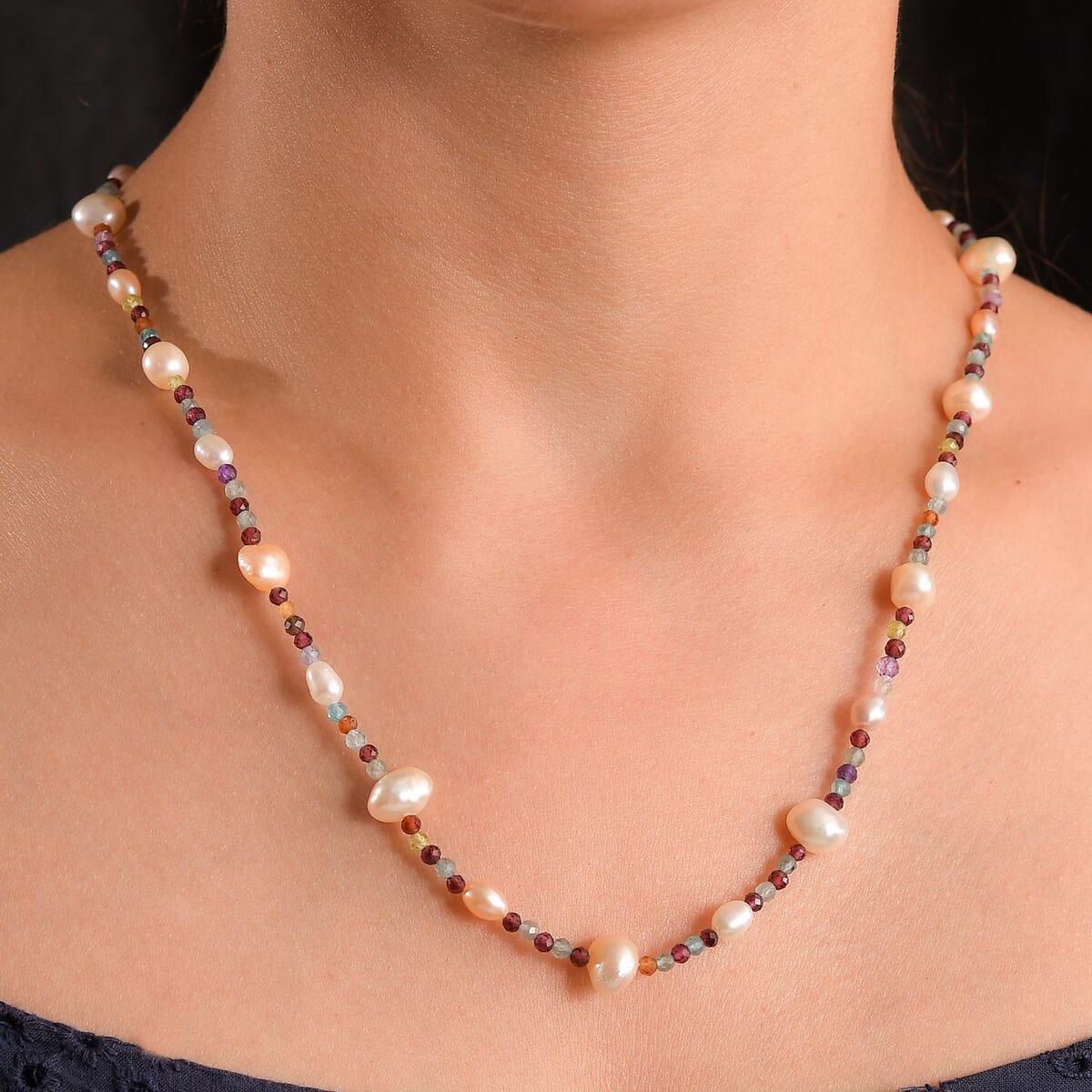 White Freshwater Pearl and Multi Gemstones 35.00 ctw Necklace in Rhodium Over Sterling Silver 24 Inches image number 2