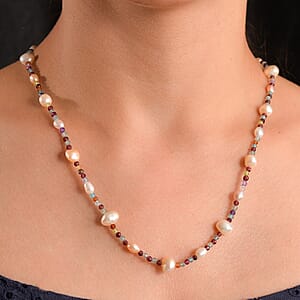 White Freshwater Pearl and Multi Gemstones 35.00 ctw Necklace in Rhodium Over Sterling Silver 24 Inches