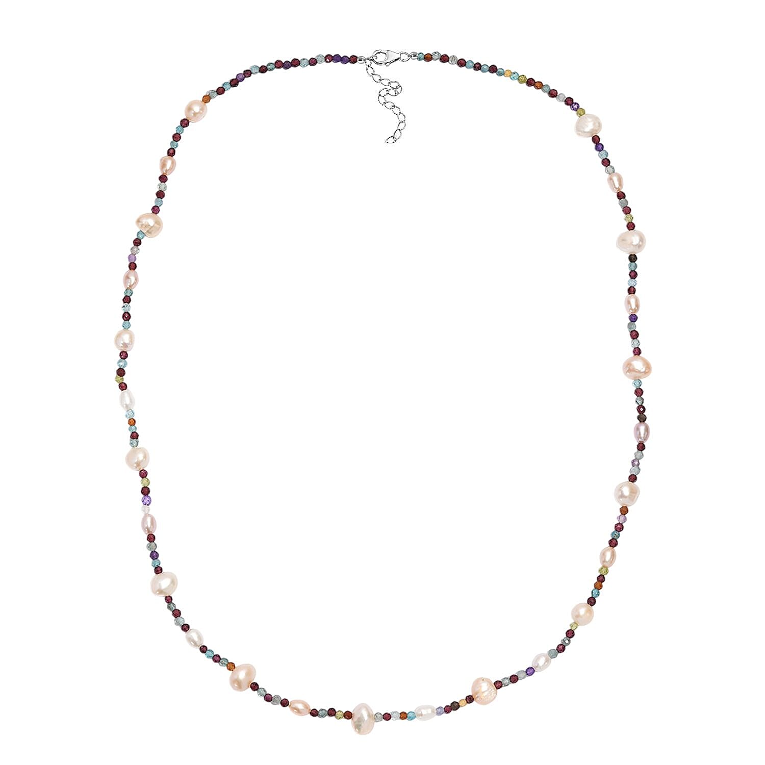 White Freshwater Pearl and Multi Gemstones 35.00 ctw Necklace in Rhodium Over Sterling Silver 24 Inches