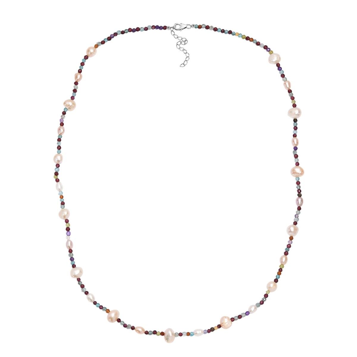White Freshwater Pearl and Multi Gemstones 35.00 ctw Necklace in Rhodium Over Sterling Silver 24 Inches image number 3