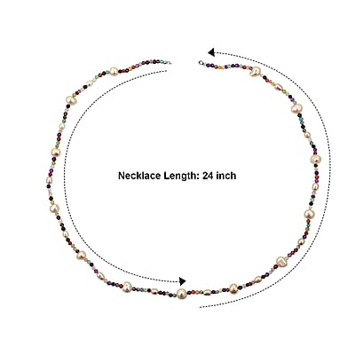 White Freshwater Pearl and Multi Gemstones 35.00 ctw Necklace in Rhodium Over Sterling Silver 24 Inches