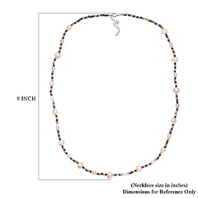 White Freshwater Pearl and Multi Gemstones 35.00 ctw Necklace in Rhodium Over Sterling Silver 24 Inches