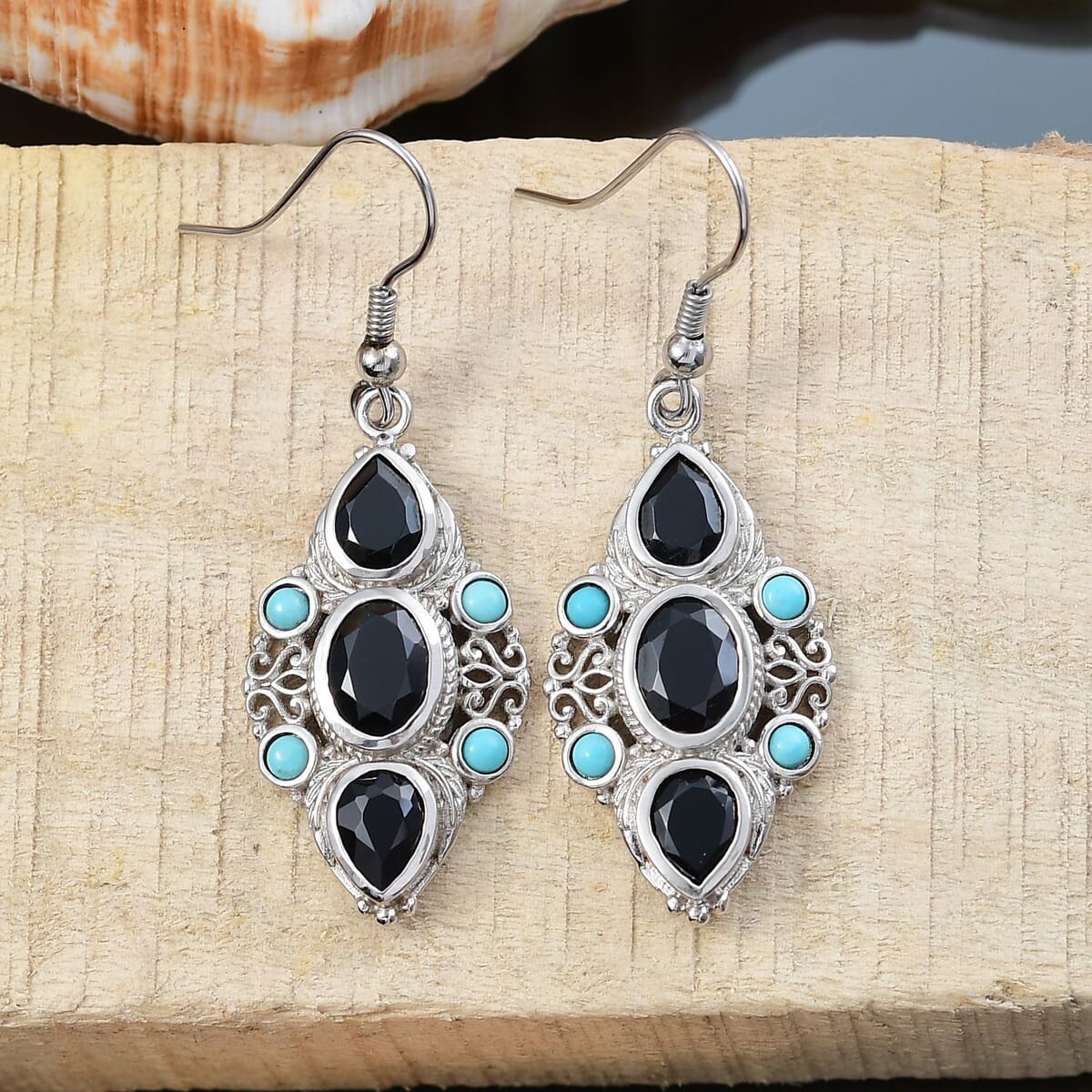 Karis Thai Black Spinel and Sleeping Beauty Turquoise 7.25 ctw Starlit Ocean Earrings in Platinum Bond  image number 1