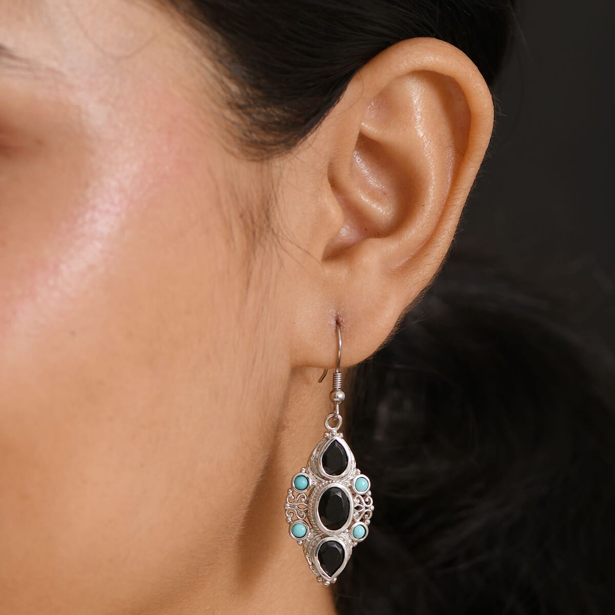 Karis Thai Black Spinel and Sleeping Beauty Turquoise 7.25 ctw Starlit Ocean Earrings in Platinum Bond  image number 2