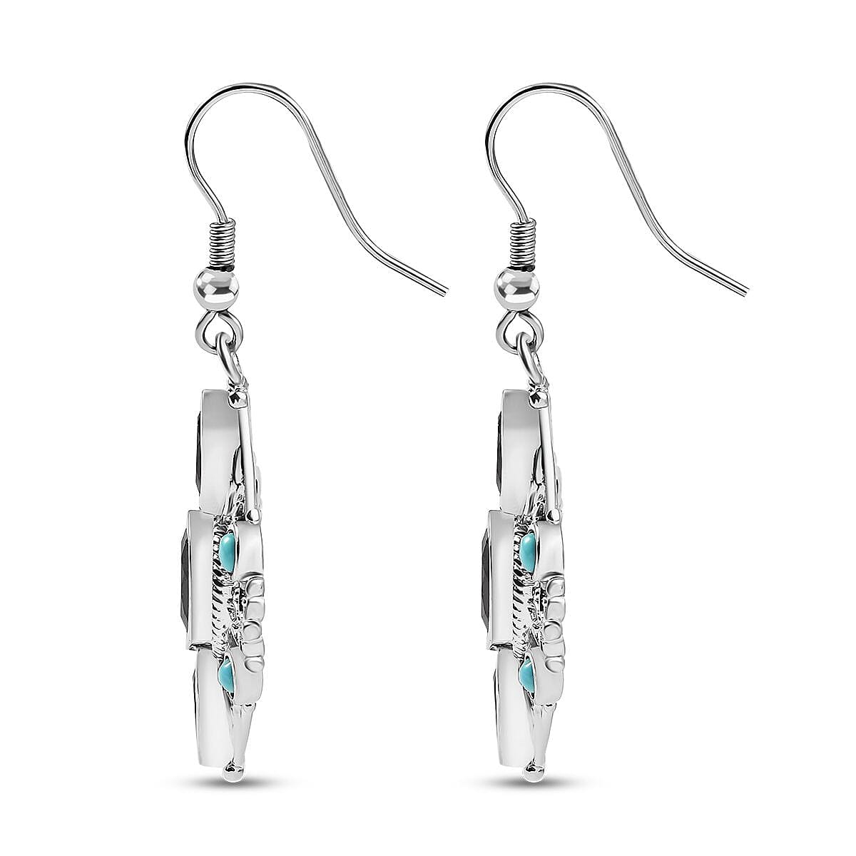 Karis Thai Black Spinel and Sleeping Beauty Turquoise 7.25 ctw Starlit Ocean Earrings in Platinum Bond 