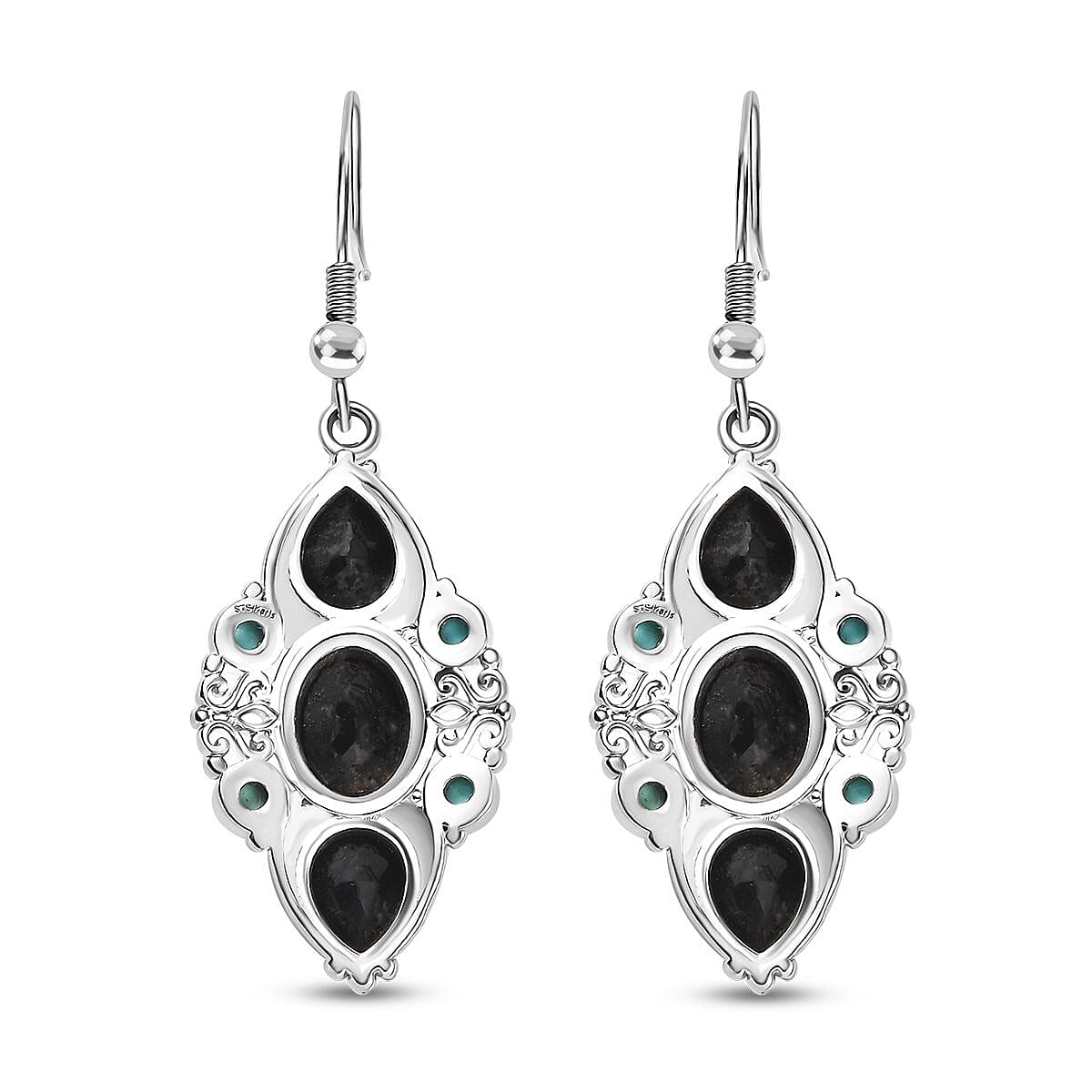 Karis Thai Black Spinel and Sleeping Beauty Turquoise 7.25 ctw Starlit Ocean Earrings in Platinum Bond 