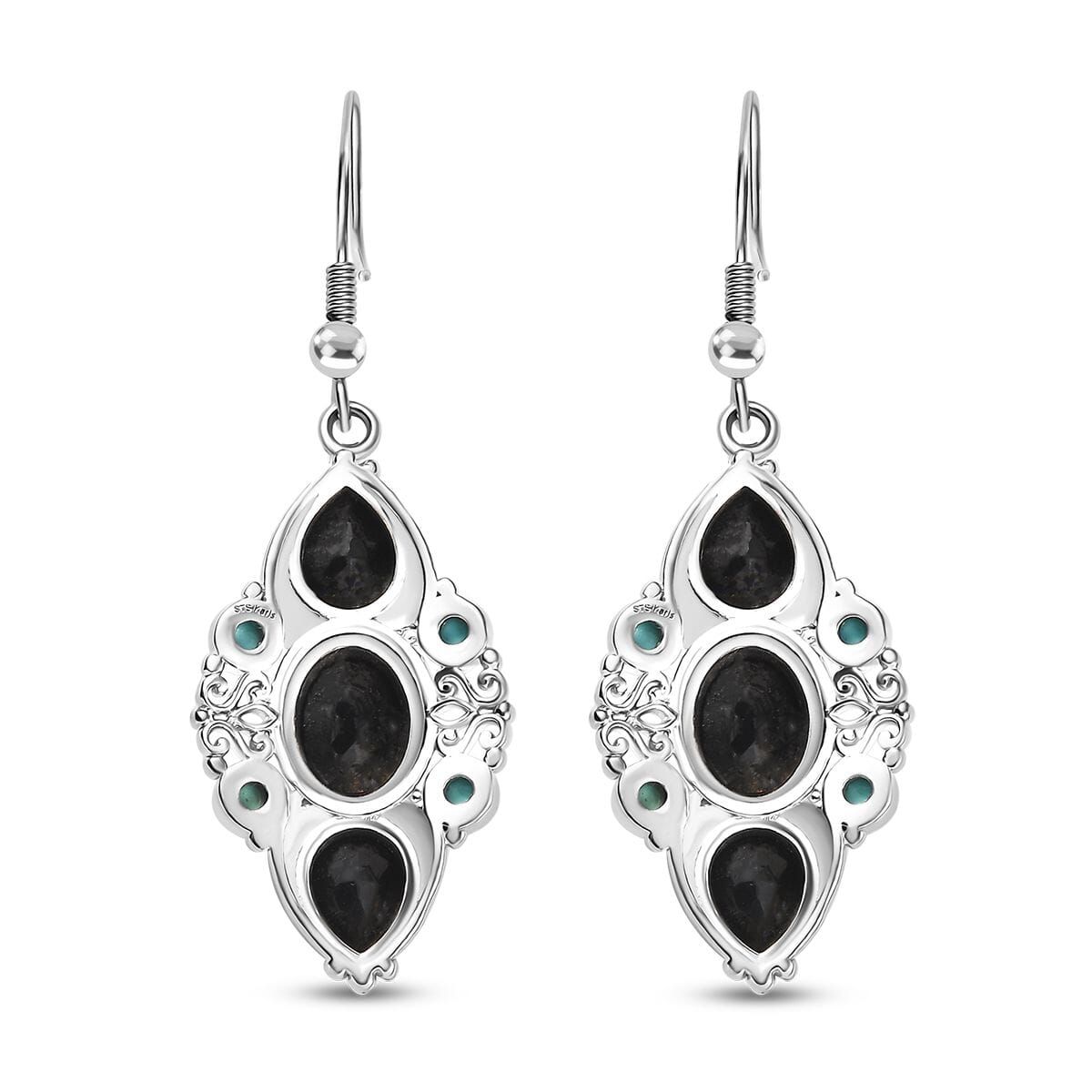 Karis Thai Black Spinel and Sleeping Beauty Turquoise 7.25 ctw Starlit Ocean Earrings in Platinum Bond  image number 4