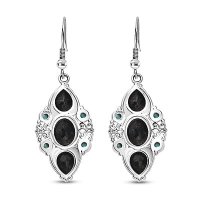 Karis Thai Black Spinel and Sleeping Beauty Turquoise 7.25 ctw Starlit Ocean Earrings in Platinum Bond 