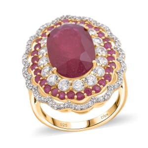 Premium Niassa Ruby (FF) and White Zircon 13.75 ctw Floral Halo Ring in 18K Vermeil Yellow Gold Over Sterling Silver (Size 10.0)