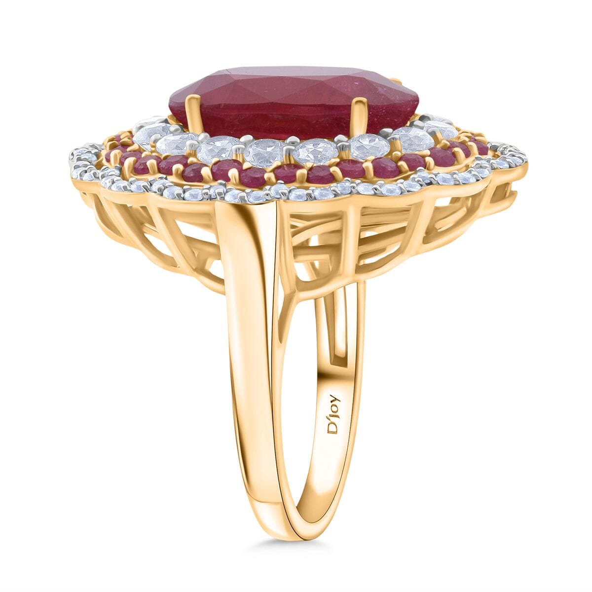 Premium Niassa Ruby (FF) and White Zircon 13.75 ctw Floral Halo Ring in 18K Vermeil Yellow Gold Over Sterling Silver (Size 10.0) image number 3