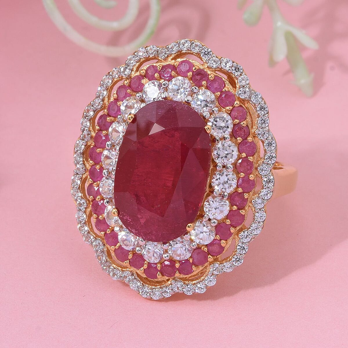 Premium Niassa Ruby (FF) and White Zircon 13.75 ctw Floral Halo Ring in 18K Vermeil Yellow Gold Over Sterling Silver (Size 6.0) image number 1