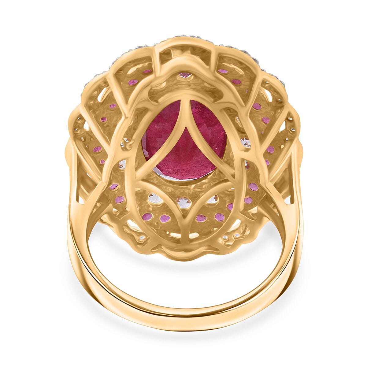 Premium Niassa Ruby (FF) and White Zircon 13.75 ctw Floral Halo Ring in 18K Vermeil Yellow Gold Over Sterling Silver (Size 6.0) image number 4