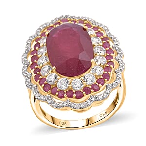 Premium Niassa Ruby (FF) and White Zircon 13.75 ctw Floral Halo Ring in 18K Vermeil Yellow Gold Over Sterling Silver (Size 8.0)