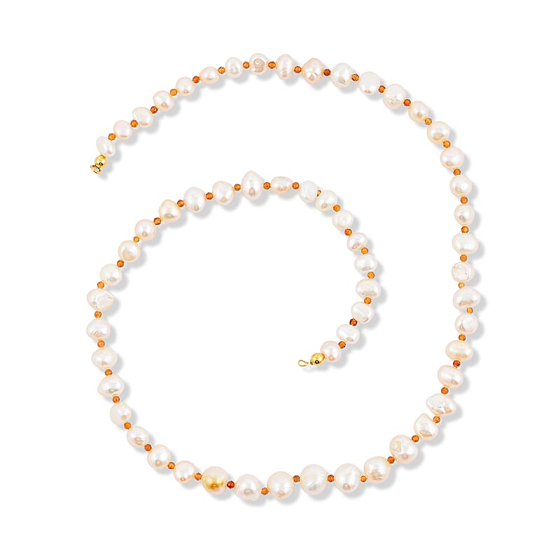 GCS Peach Freshwater Pearl and Ratnapura Hessonite Garnet 20.00 ctw Necklace in 18K Vermeil Yellow Gold Over Sterling Silver