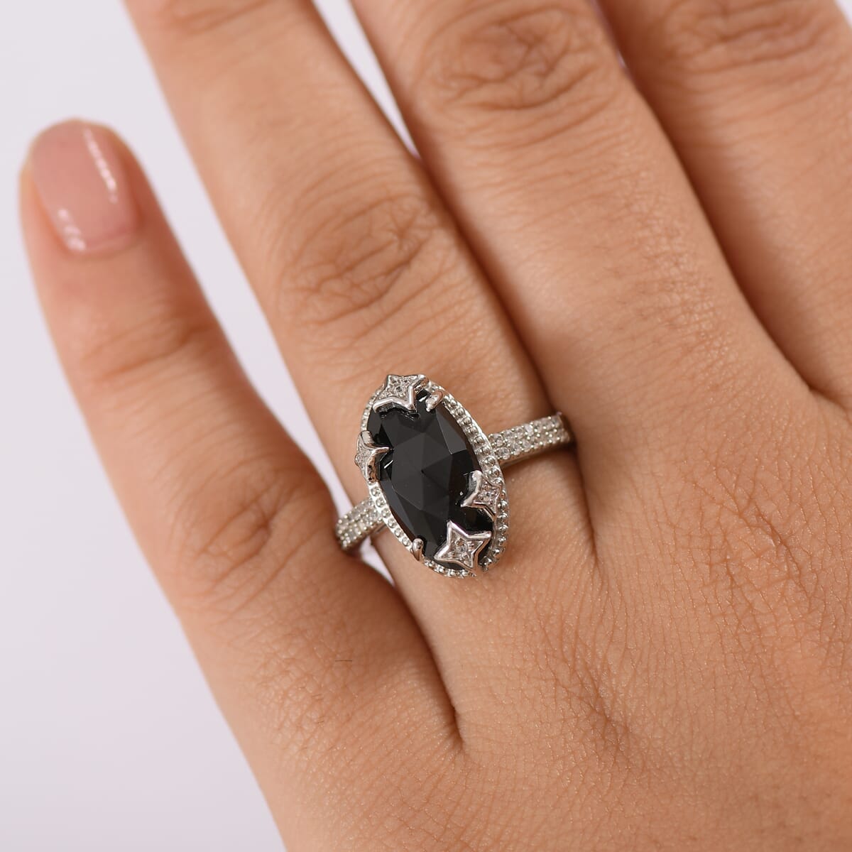 D'Joy Thai Black Spinel and White Zircon 6.85 ctw Ring in Rhodium Over Sterling Silver (Size 10.0) image number 2