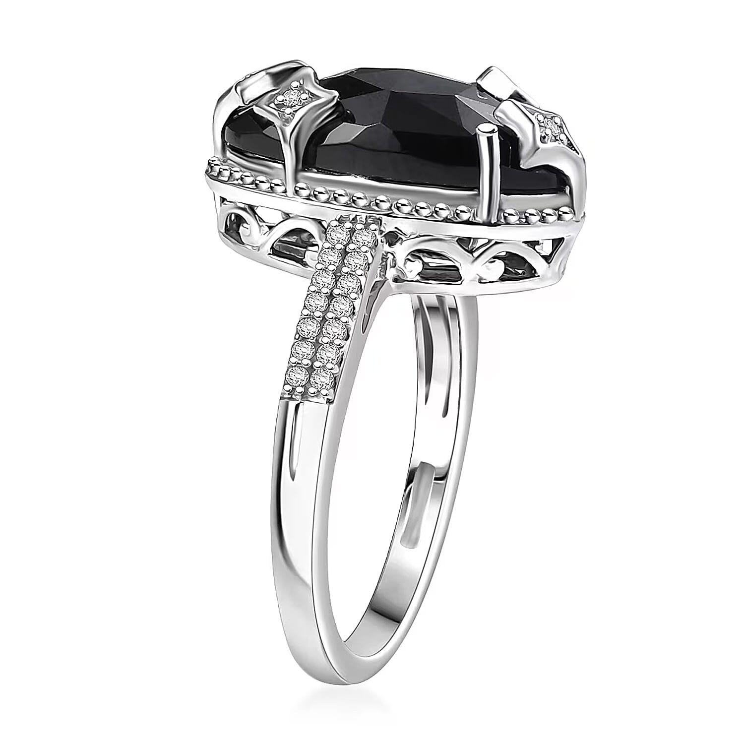 D'Joy Thai Black Spinel and White Zircon 6.85 ctw Ring in Rhodium Over Sterling Silver (Size 10.0)