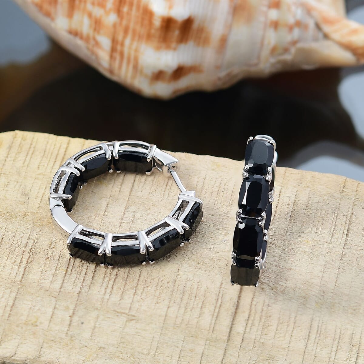 Karis Thai Black Spinel 16.60 ctw Inside-out Hoop Earrings in Platinum Bond  image number 1