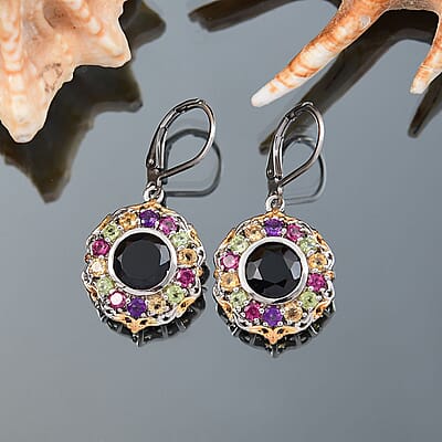 Karis Thai Black Spinel and Multi Gemstone 7.00 ctw Celestial Garden Earrings in 18K YG Plated and Platinum Bond 