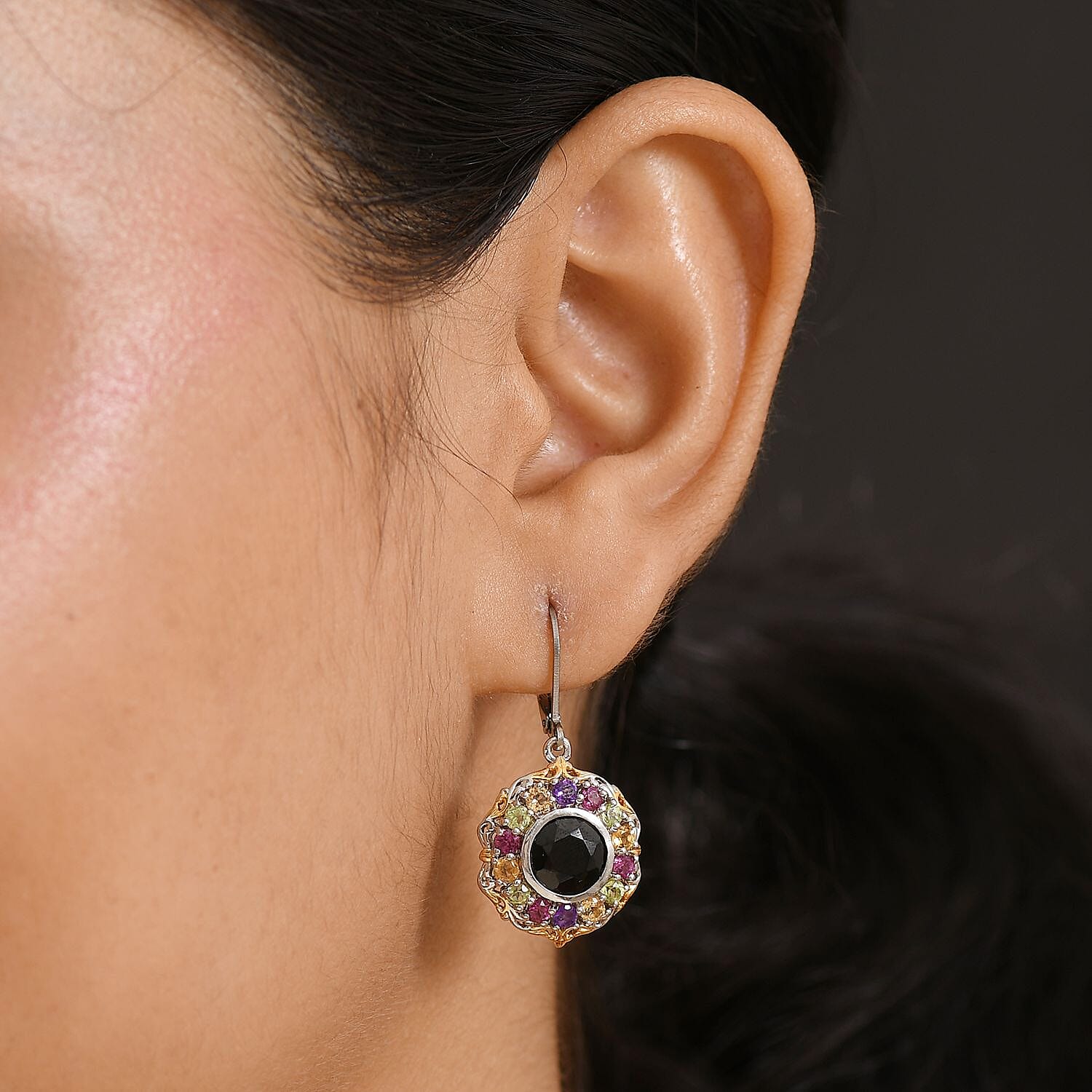 Karis Thai Black Spinel and Multi Gemstone 7.00 ctw Celestial Garden Earrings in 18K YG Plated and Platinum Bond 