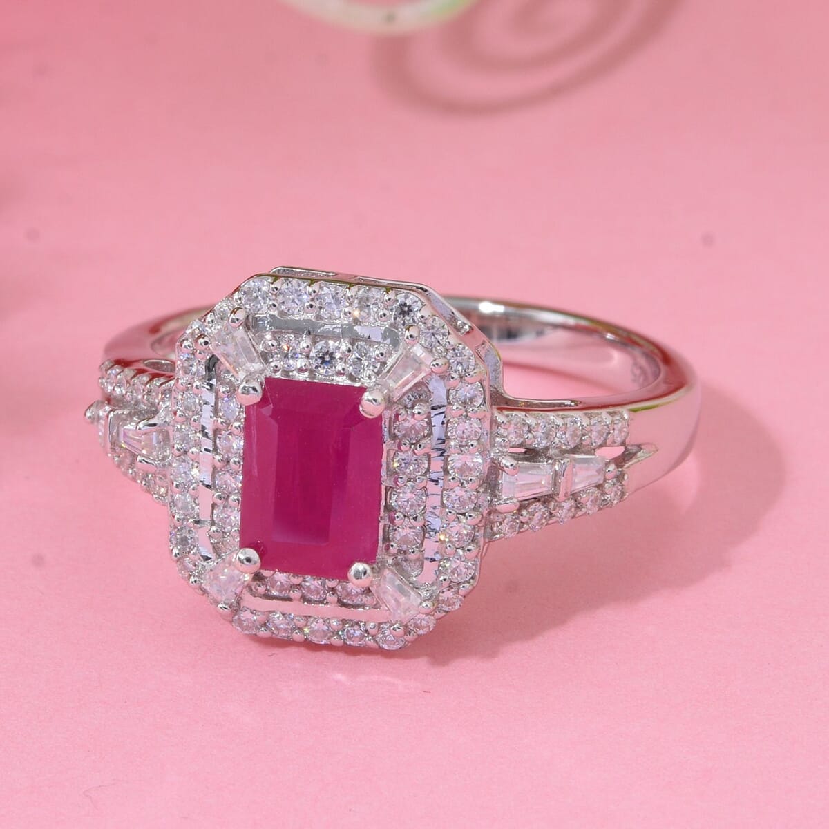D'Joy AAA Royal Ruby and Moissanite 1.85 ctw Imperial Radiance Ring in Rhodium Over Sterling Silver (Size 10.0) image number 1