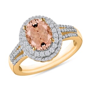Rhapsody AAAA Pink Morganite and E-F VS2 Diamond 3.00 ctw Double Halo Ring in 18K Yellow Gold (Size 10.0) 4.60 Grams