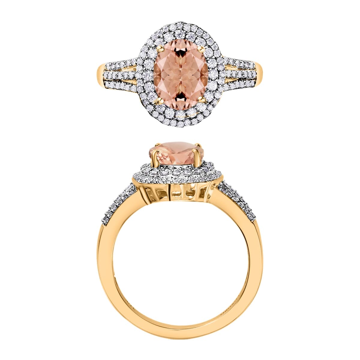 Rhapsody AAAA Pink Morganite and E-F VS2 Diamond 3.00 ctw Double Halo Ring in 18K Yellow Gold (Size 10.0) 4.60 Grams image number 1