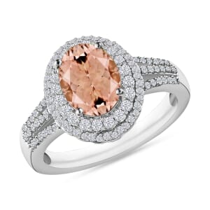 Rhapsody AAAA Pink Morganite and E-F VS2 Diamond 3.00 ctw Double Halo Ring in 18K White Gold (Size 10.0) 4.60 Grams
