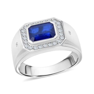 Tanzanian Blue Spinel (DF) and Moissanite 2.00 ctw Fleur De Lis Mens Ring in Rhodium Over Sterling Silver (Size 10.0)