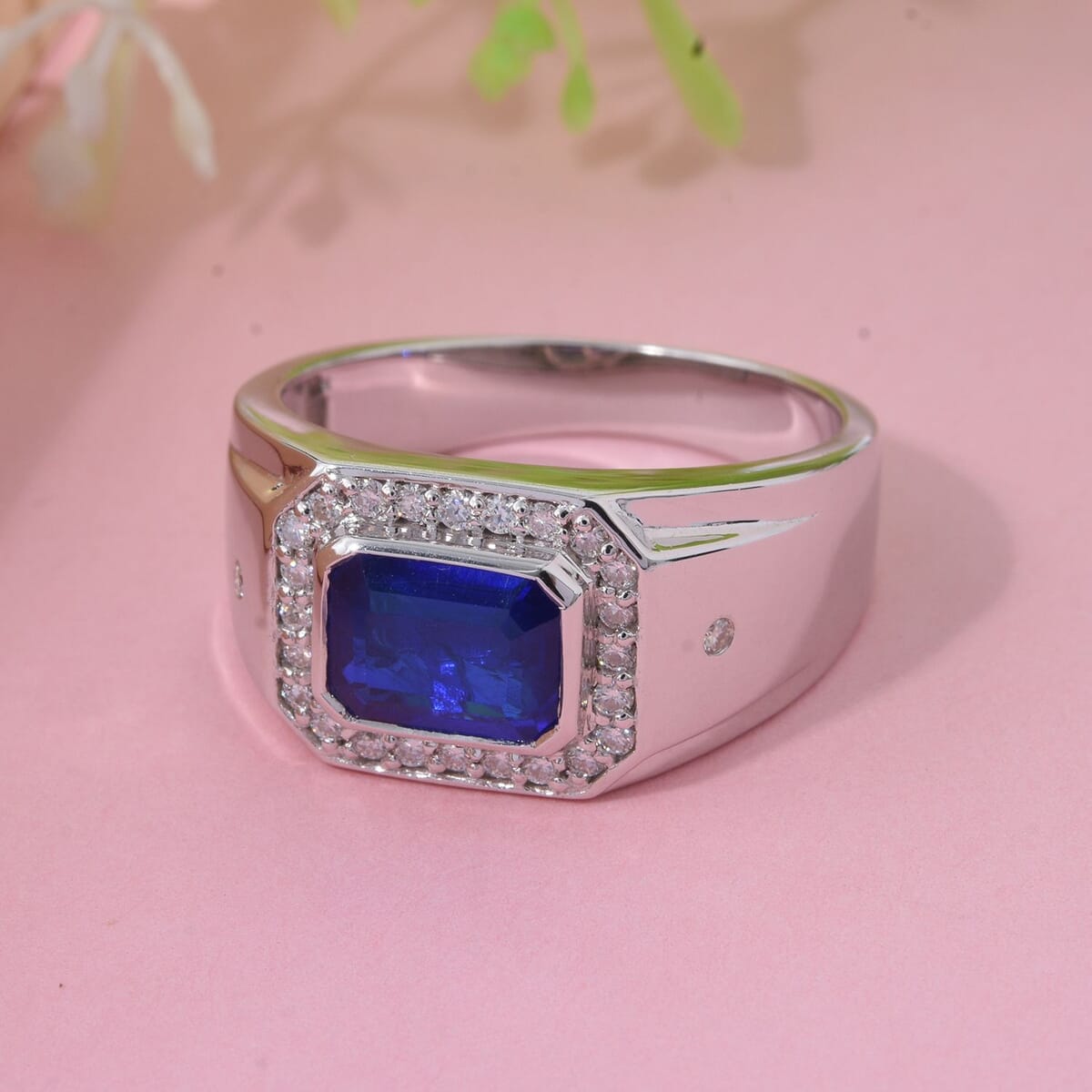 Tanzanian Blue Spinel (DF) and Moissanite 2.00 ctw Fleur De Lis Mens Ring in Rhodium Over Sterling Silver (Size 10.0) image number 1