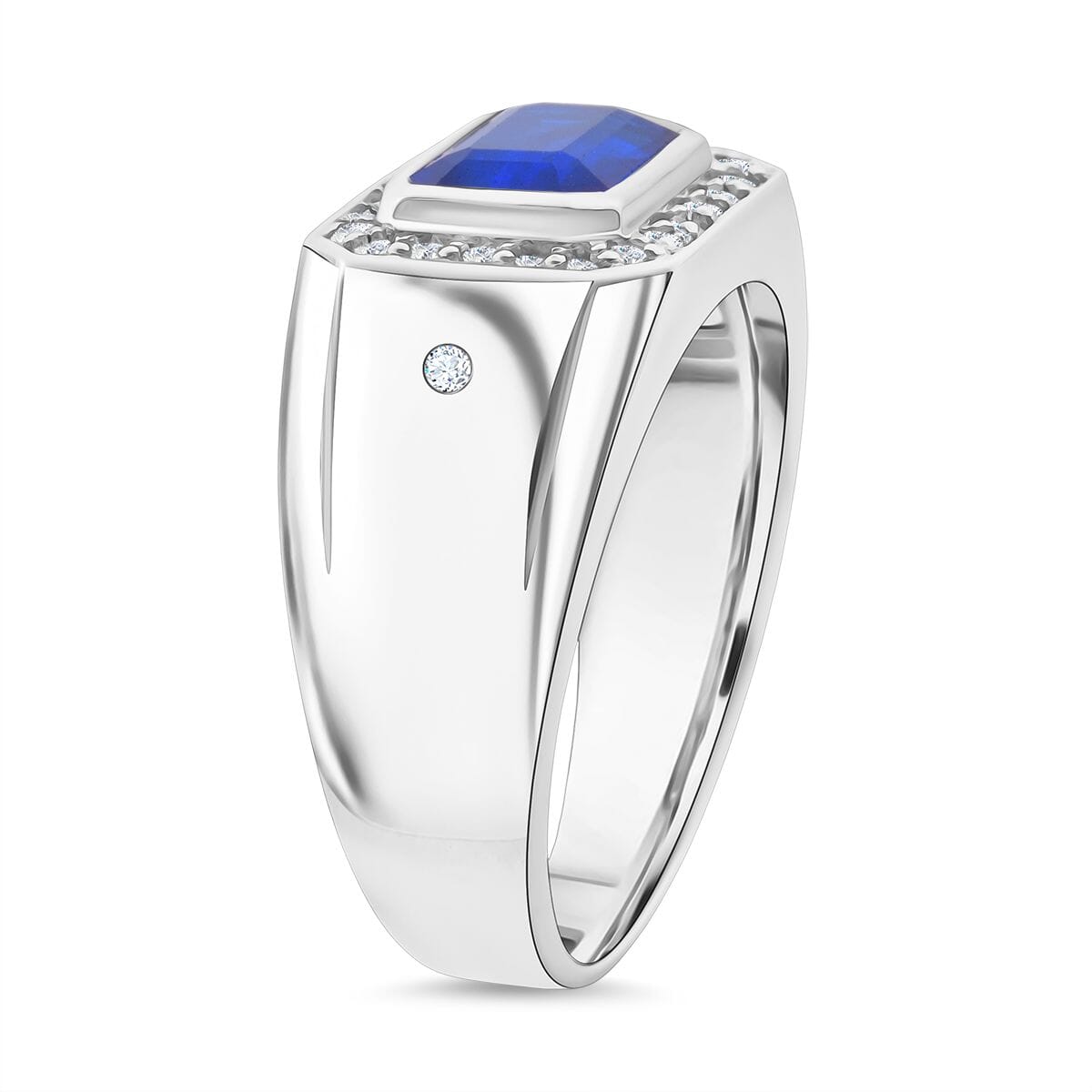 Tanzanian Blue Spinel (DF) and Moissanite 2.00 ctw Fleur De Lis Mens Ring in Rhodium Over Sterling Silver (Size 10.0) image number 3