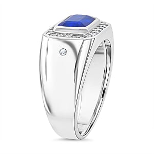 Tanzanian Blue Spinel (DF) and Moissanite 2.00 ctw Fleur De Lis Mens Ring in Rhodium Over Sterling Silver (Size 10.0)