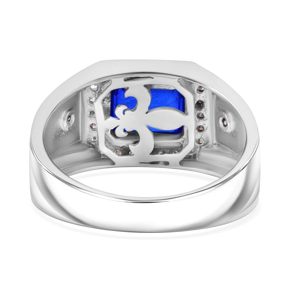 Tanzanian Blue Spinel (DF) and Moissanite 2.00 ctw Fleur De Lis Mens Ring in Rhodium Over Sterling Silver (Size 10.0) image number 4