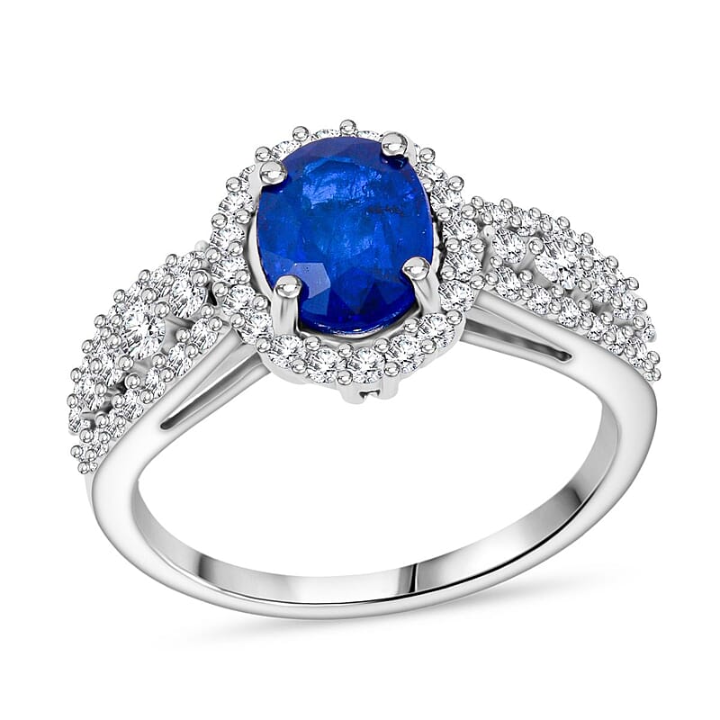 Tanzanian Blue Spinel (DF) and Moissanite 1.90 ctw Midnight Flame Ring in Rhodium Over Sterling Silver (Size 6.0)