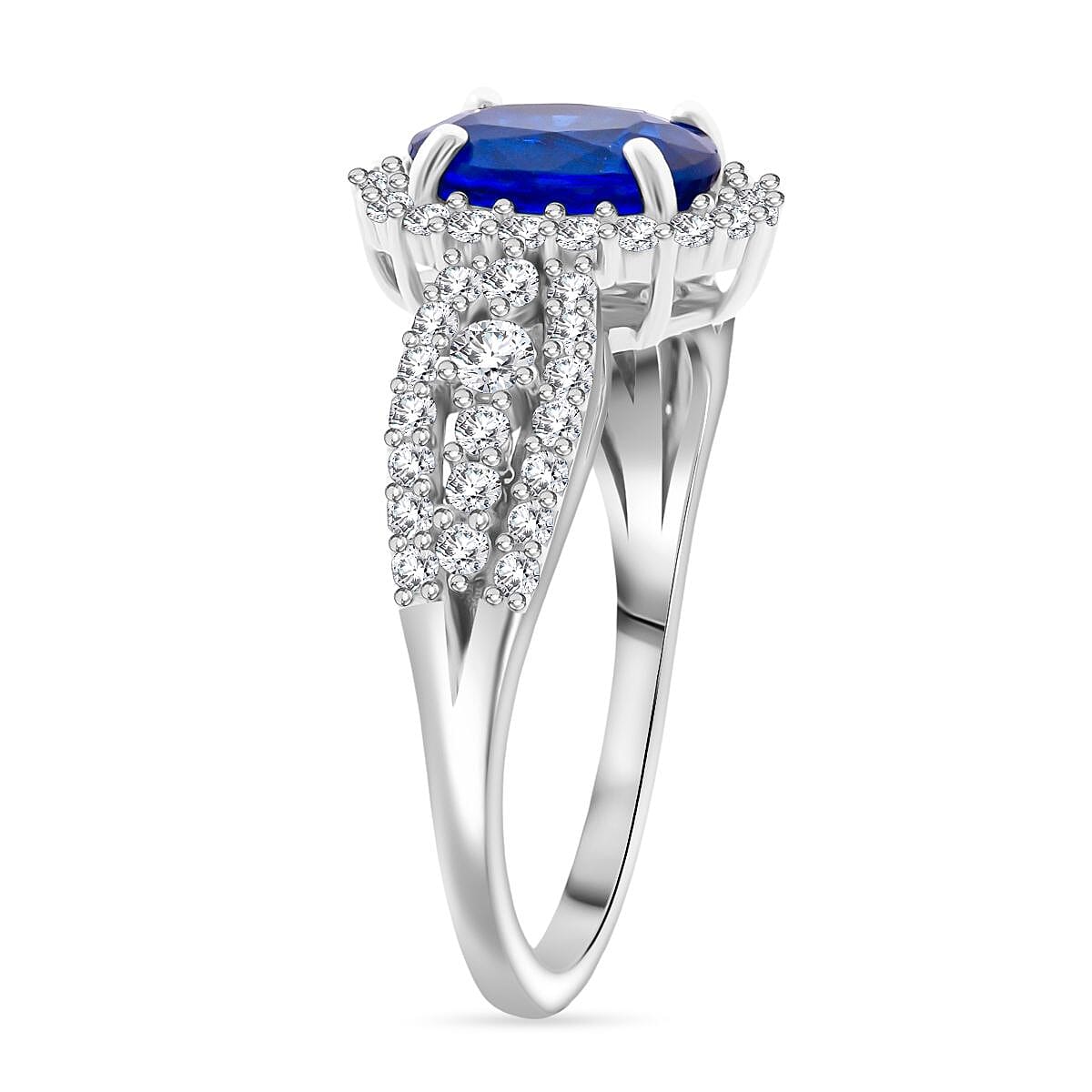 Tanzanian Blue Spinel (DF) and Moissanite 1.90 ctw Midnight Flame Ring in Rhodium Over Sterling Silver (Size 6.0)