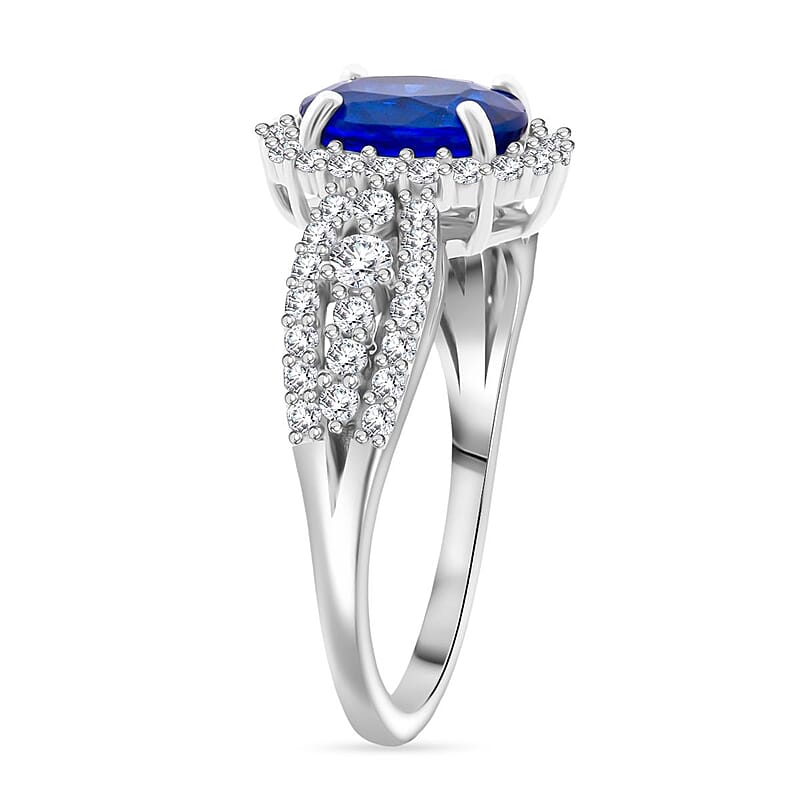 Tanzanian Blue Spinel (DF) and Moissanite 1.90 ctw Midnight Flame Ring in Rhodium Over Sterling Silver (Size 6.0)