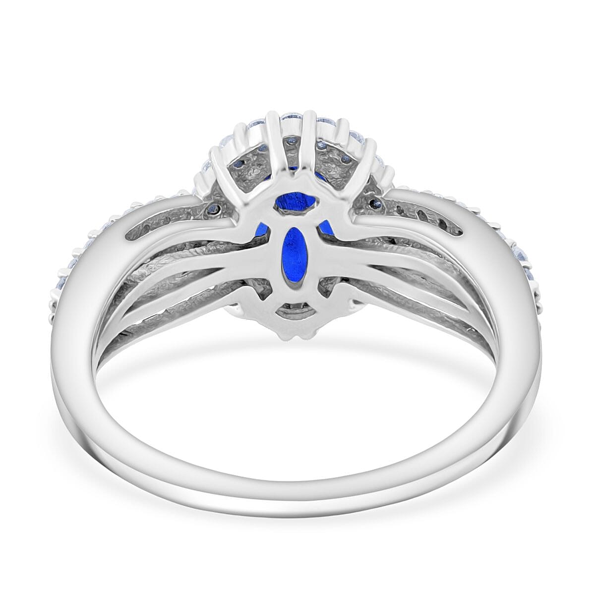 Tanzanian Blue Spinel (DF) and Moissanite 1.90 ctw Midnight Flame Ring in Rhodium Over Sterling Silver (Size 6.0)