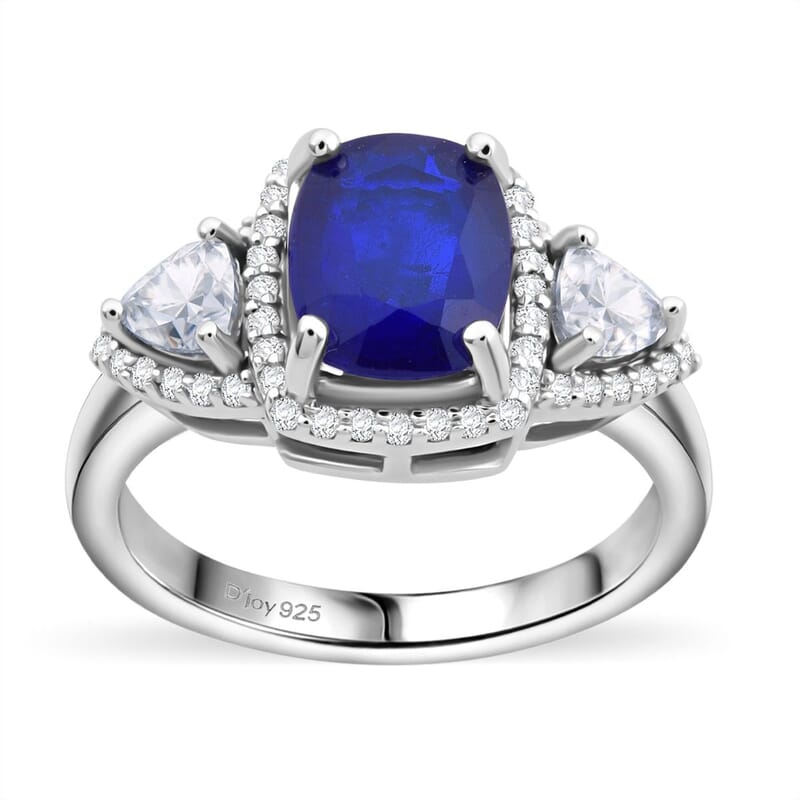 Premium Tanzanian Blue Spinel (DF) and Moissanite 2.80 ctw Crown Jewel Ring in Rhodium Over Sterling Silver (Size 10.0)