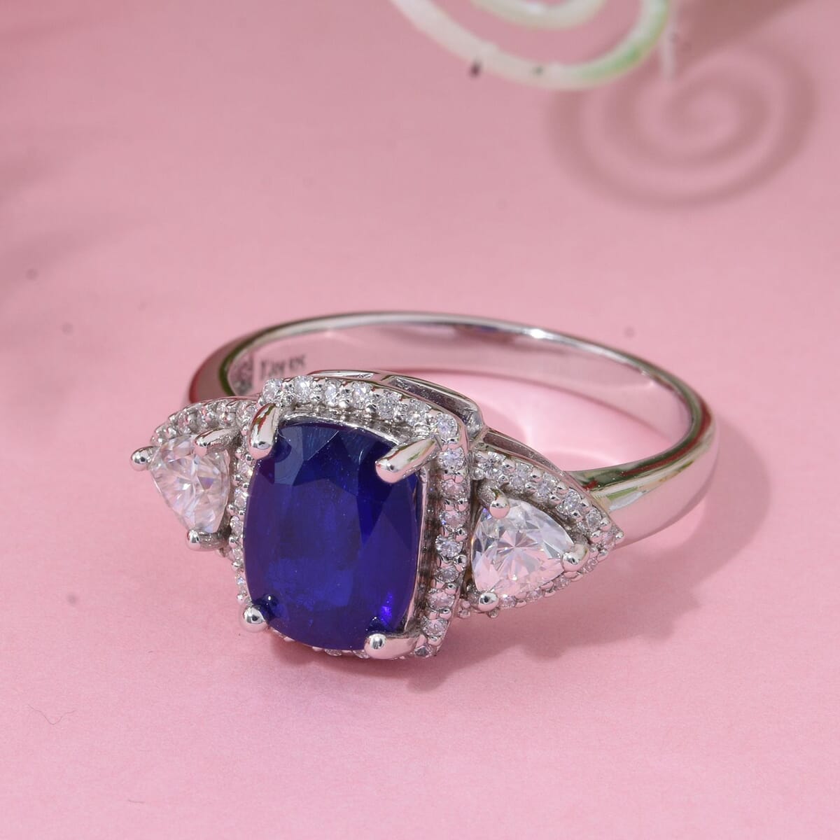 Premium Tanzanian Blue Spinel (DF) and Moissanite 2.80 ctw Crown Jewel Ring in Rhodium Over Sterling Silver (Size 10.0) image number 1
