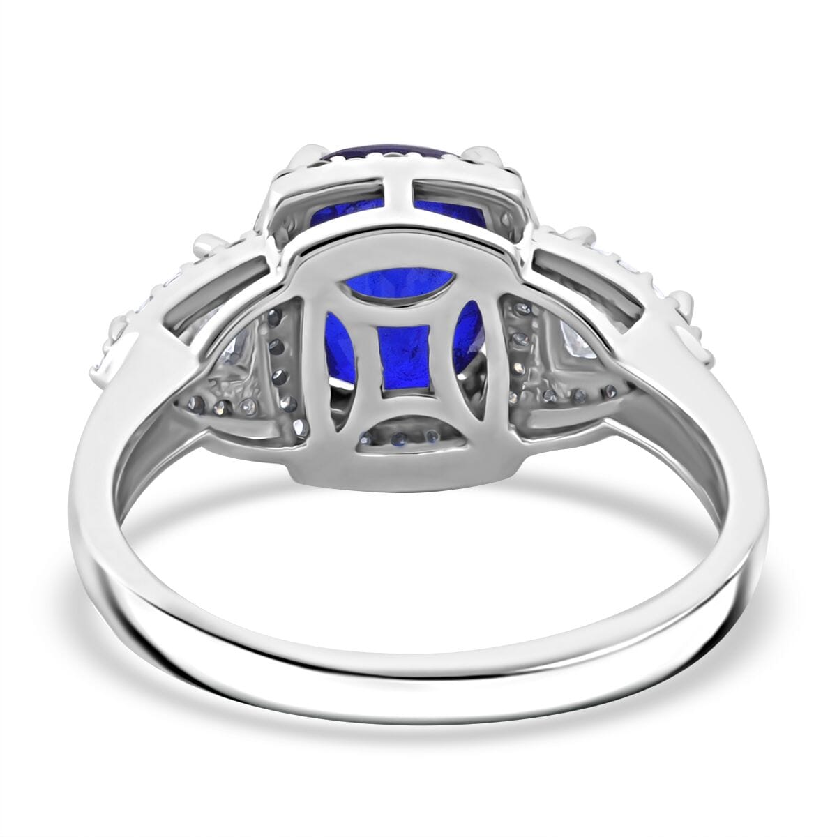 Premium Tanzanian Blue Spinel (DF) and Moissanite 2.80 ctw Crown Jewel Ring in Rhodium Over Sterling Silver (Size 10.0) image number 4