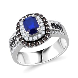 Premium Tanzanian Blue Spinel (DF), Champagne and White Zircon 2.75 ctw Crown Eclipse Ring in Rhodium Over Sterling Silver (Size 10.0)