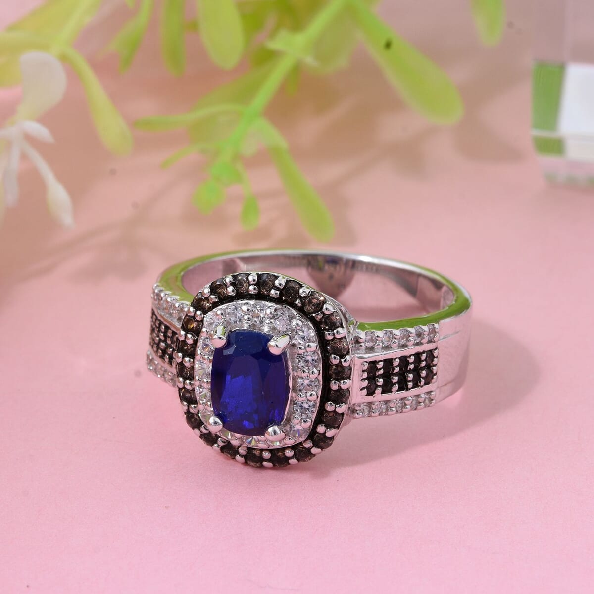 Premium Tanzanian Blue Spinel (DF), Champagne and White Zircon 2.75 ctw Crown Eclipse Ring in Rhodium Over Sterling Silver (Size 10.0) image number 1