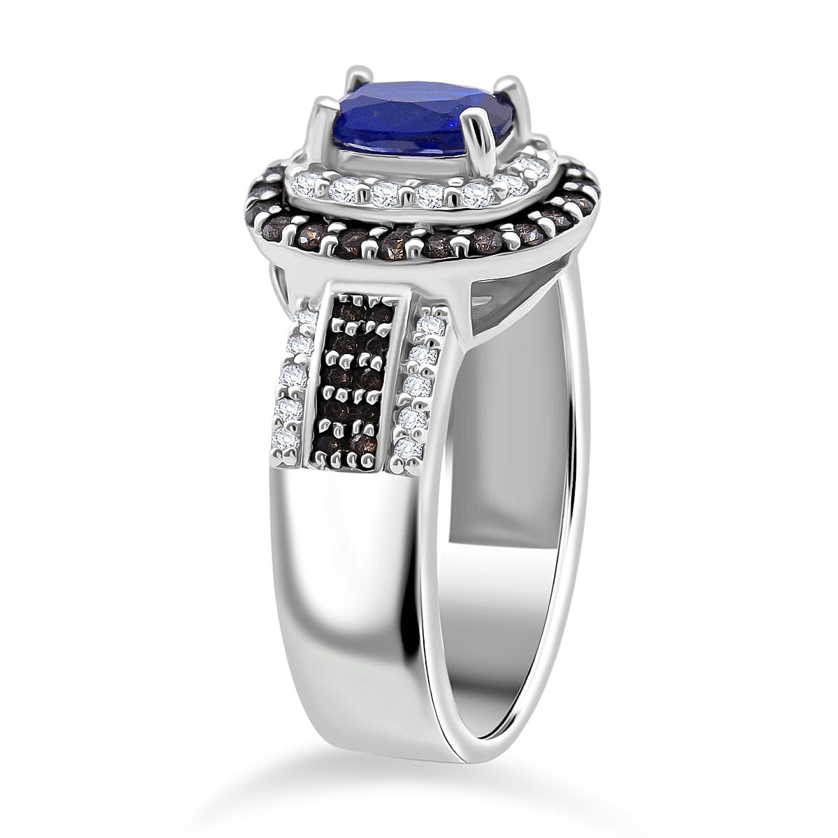 Premium Tanzanian Blue Spinel (DF), Champagne and White Zircon 2.75 ctw Crown Eclipse Ring in Rhodium Over Sterling Silver (Size 10.0)
